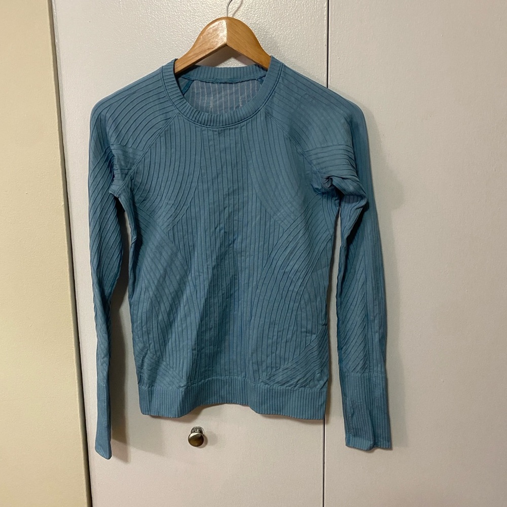 Lululemon Rest Less Pullover in Blue Haze Ribbed Long Sleeve
